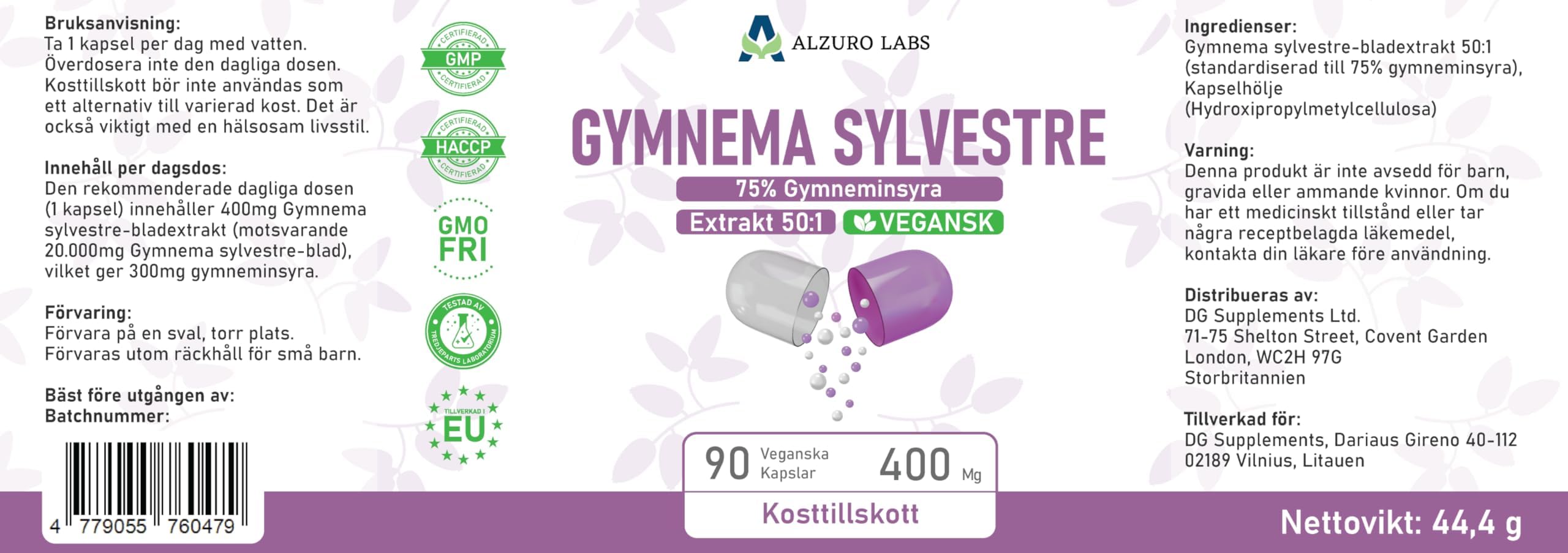 Gymnema Sylvestre | 20,000mg | Estratto 50:1 (400mg) (75% Acido Gymnemico) | 90 Capsule Vegane | GMP & Testato da Laboratorio Indipendente