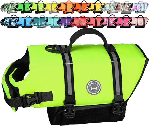 VIVAGLORY Rip Stop Dog Life Jacket, Buoyancy Aid with Handle, Buoyancy for Doggy, Dog Life Jacket for Swimming & Boating, L, Bright Yellow - 1