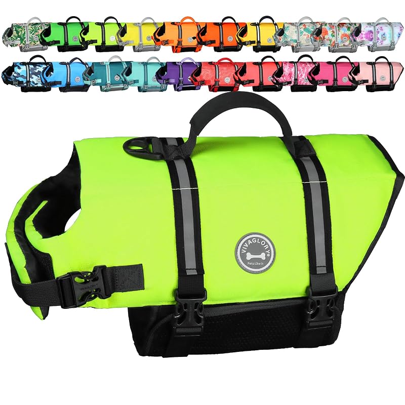 Colete salva-vidas para cães VIVAGLORY Rip Stop amarelo brilhante, tamanho M (53,34–63,5 cm)