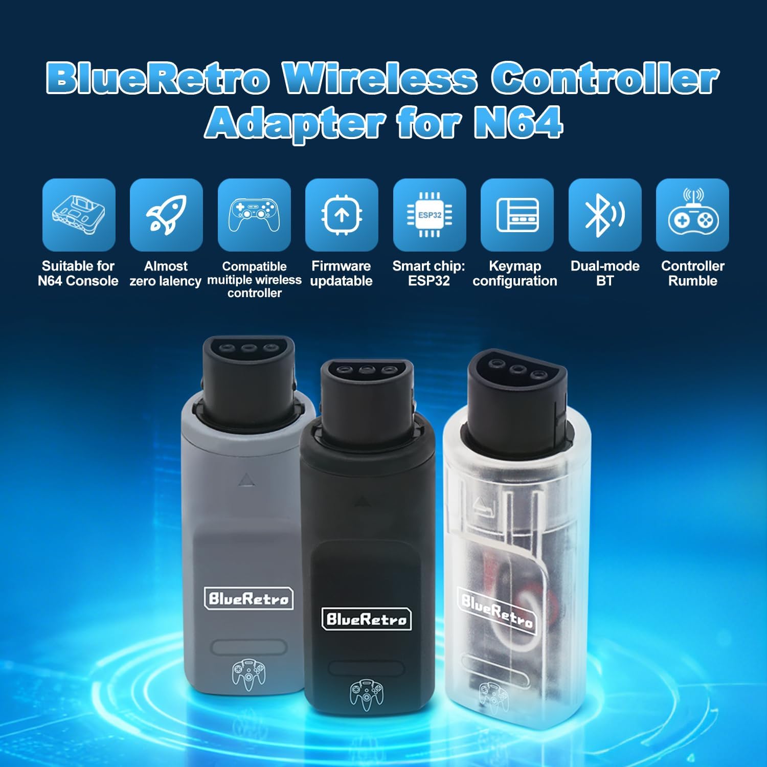 BITFUNX BlueRetro N64 Wireless Controller Adapter - Support Firmware Upgrade, Dual-Mode BT, Keymap Configuration, Compatible with PS3/PS4/PS5,Xbox One S,Series X/S,Switch Pro Bluetooth Controllers