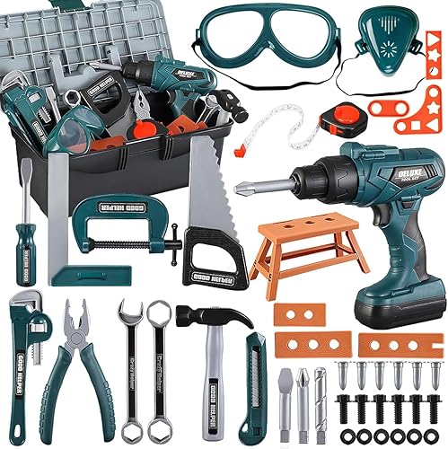 Vista 8 de Zealous - Banco de herramientas 3 en 1 para niños pequeños, 79 piezas, con caja de herramientas y taladro electrónico de juguete, juego