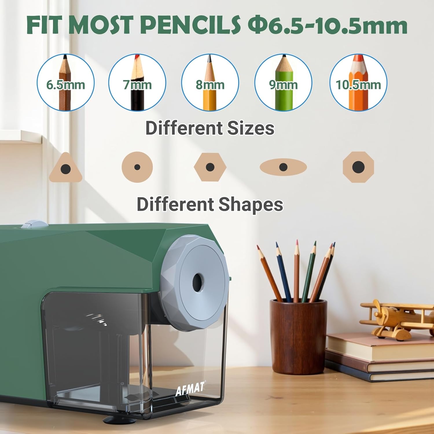 Diagram showing various pencil sizes and shapes compatible with the sharpener