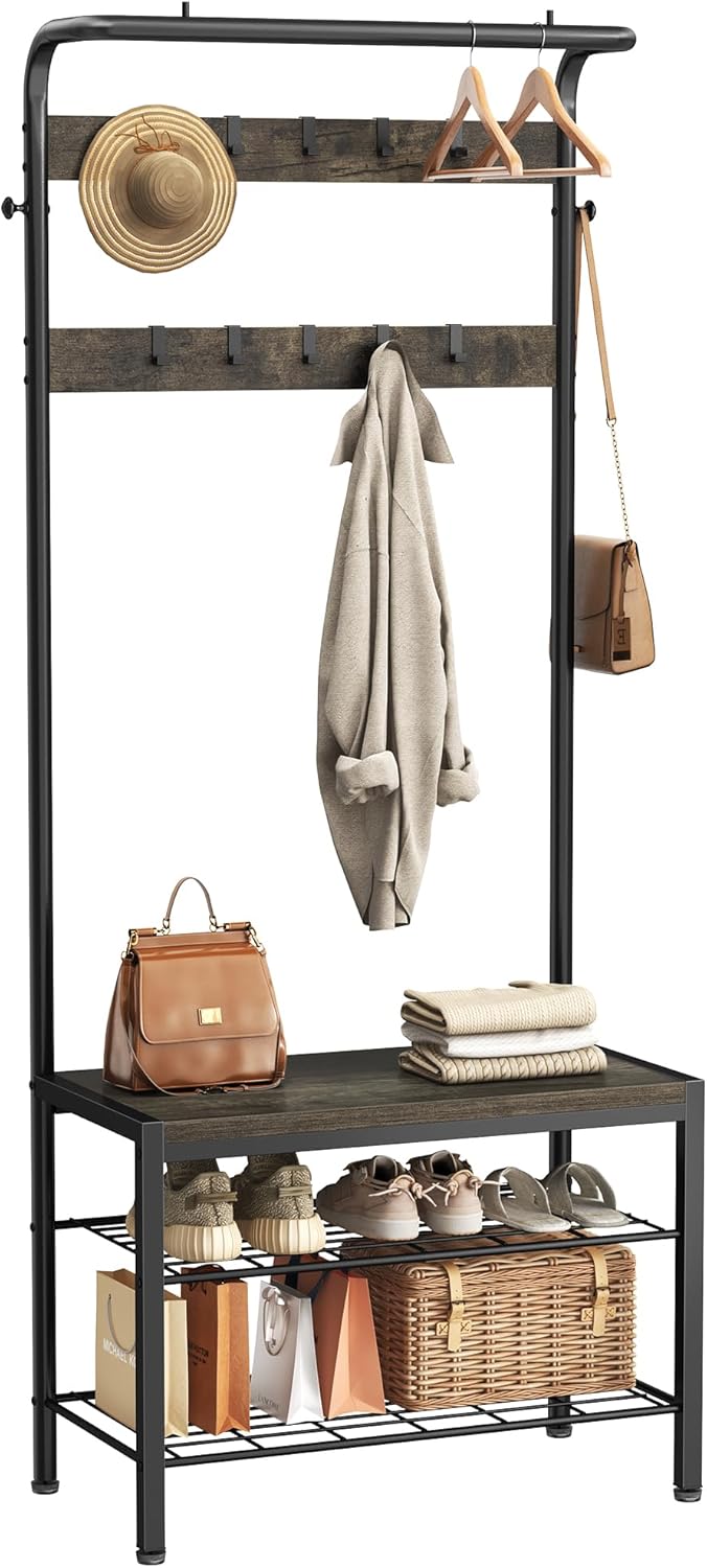 DUMOS Hall Tree with Shoe Bench and Coat Rack, Entryway Bench with Shoe Storage and Hooks, 4-in-1 Coat and Shoe Rack for Entryway, Mudroom Storage Organizer with Shelves, Industrial Grey