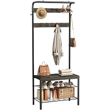 Hall Tree with Bench and Shoe Storage, 4-in-1 Entryway Organizer with 10 Hooks and Storage Shelf,Coat Rack Freestanding with 2-Tier Storage Shelf for Living Room, Deep Gray