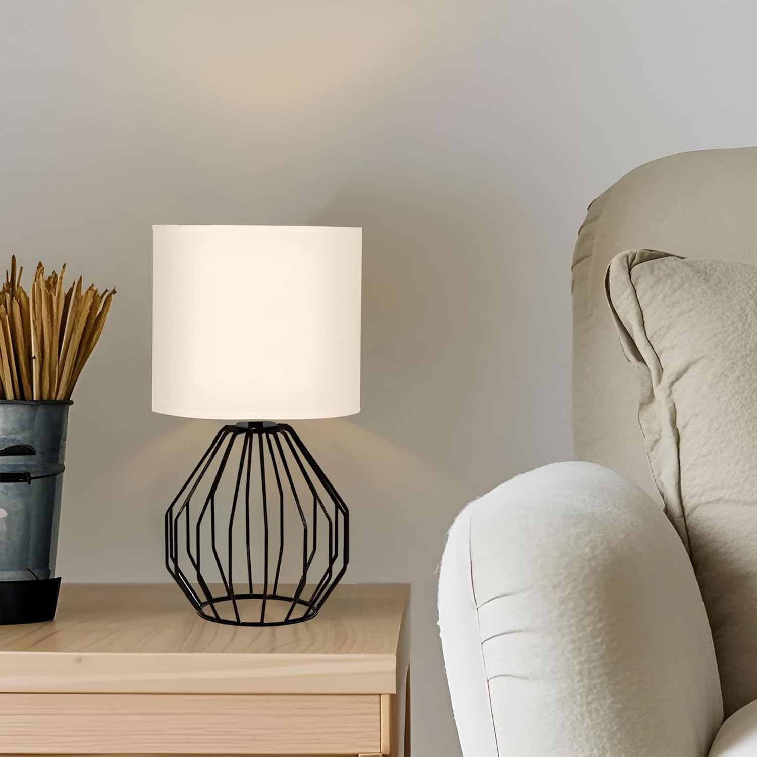 Small Table Lamp Black, Modern Minimalist Desk Lamp with Metal Base White Fabric Shade, Bedside Nightsand Table Lamp for Bedroom, Living Room, Kis Room