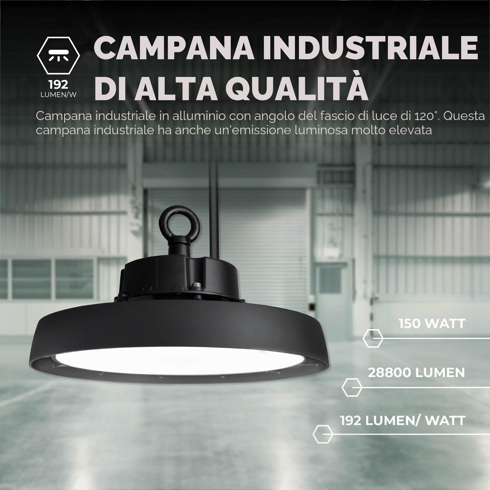 Ledvion - Campana led ufo, IP65, 150W, 192 lm/W, 4000K, Dimmerabile, lampada led industriale capannone, illuminazione magazzino officina, luce soffitto garage, illuminazione industriale led