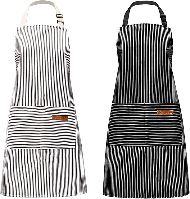 Pinsheng 2Pcs Striped Cotton Linen Apron, Adjustable Bib Apron with Pockets Men Women, Professional Chefs Apron for Cooking Baking Painting, Used in Kitchen Restaurant Garden(Black+ Grey)