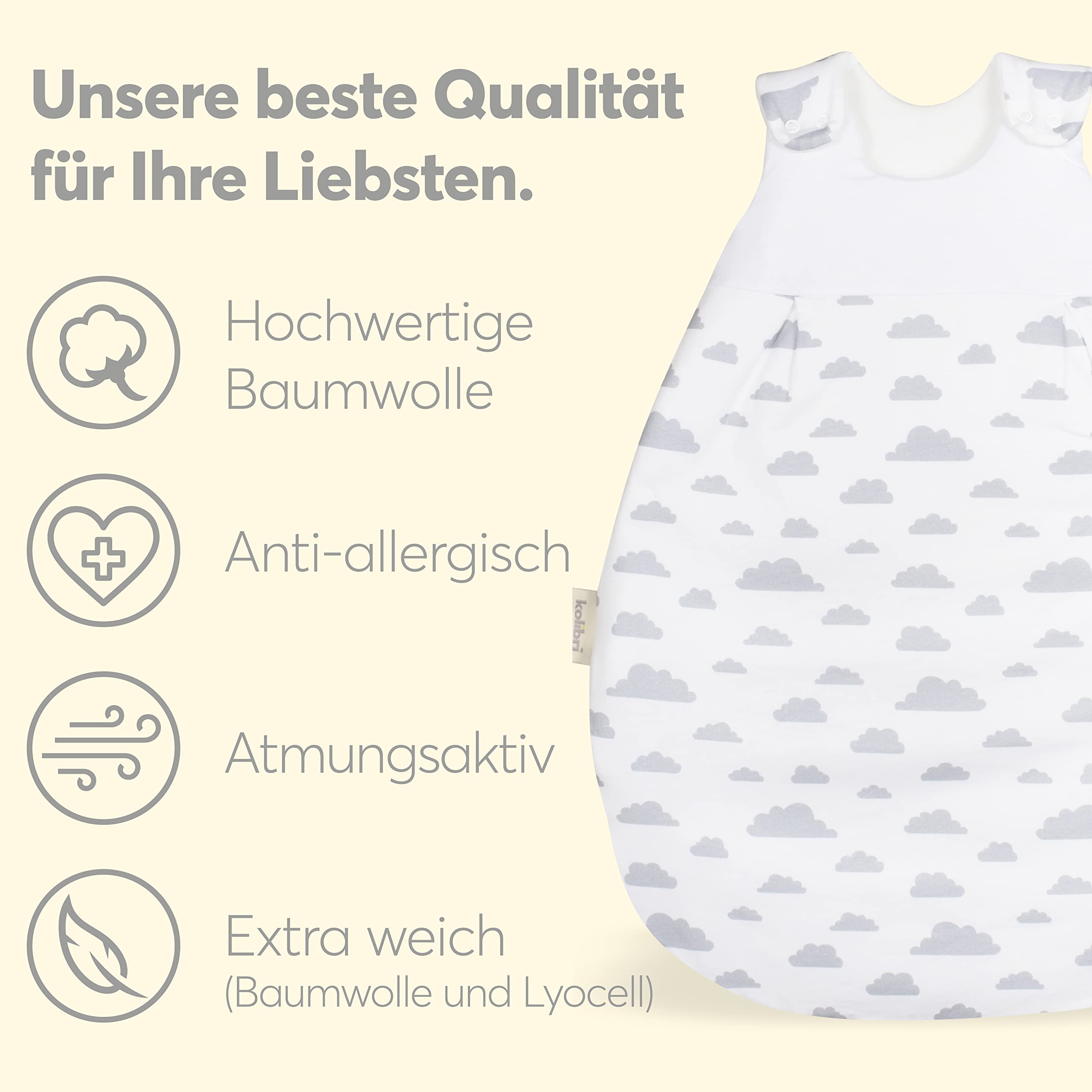 kolibri Baby Sleeping Bag, Clinic Supplier No. 1, Breathable, for 0 to 12 Months, All-Year Baby Sleeping Bag, Oeko-Tex 100 Certified, Sleeveless Sleeping Bag, 2.5 TOG, Clouds, 50/56 Baby Products