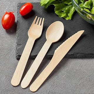 300pcs Disposable Wooden Cutlery Set, Natural Birch Wood Biodegradable Compostable Cutlery Ideal for Party, Camping, BBQ, Food Service - 100 Forks, 100 Knives, 100 Spoons (Eco-Friendly)