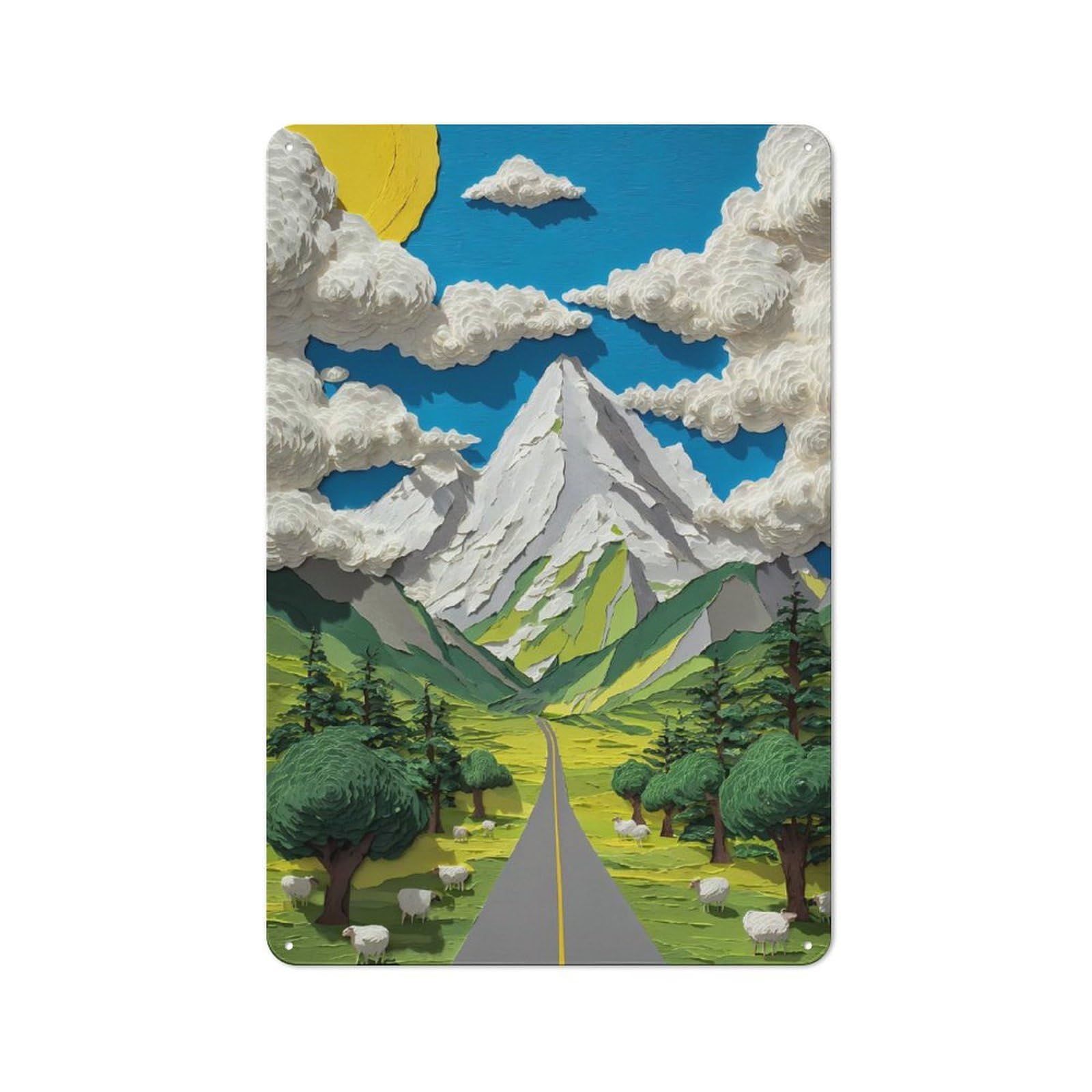 Junmoney Style-8 Tin Sign 30X20cm With Papercraft Mountain Landscape With Sheep For Workshop Wall, Retro Decor, For Metal Sign Collectors, For Cafés, Pubs And Restaurants