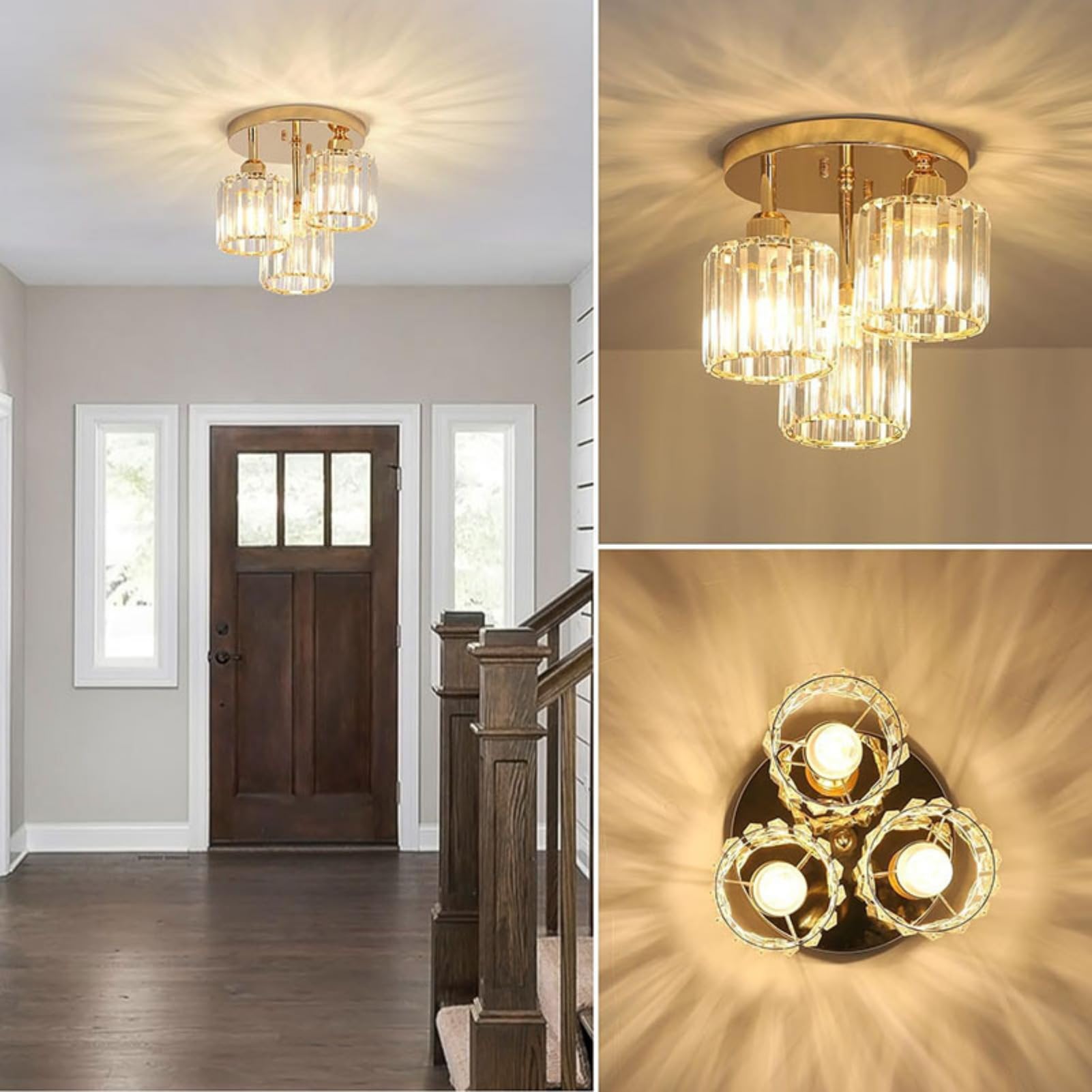 ‌Lámpara de Araña de Cristal Moderna E26 - Techo Colgante con 3 Luces LED, Pantalla Elegante - Ideal para Sala, Dormitorio, Cocina, Pasillo o Baño