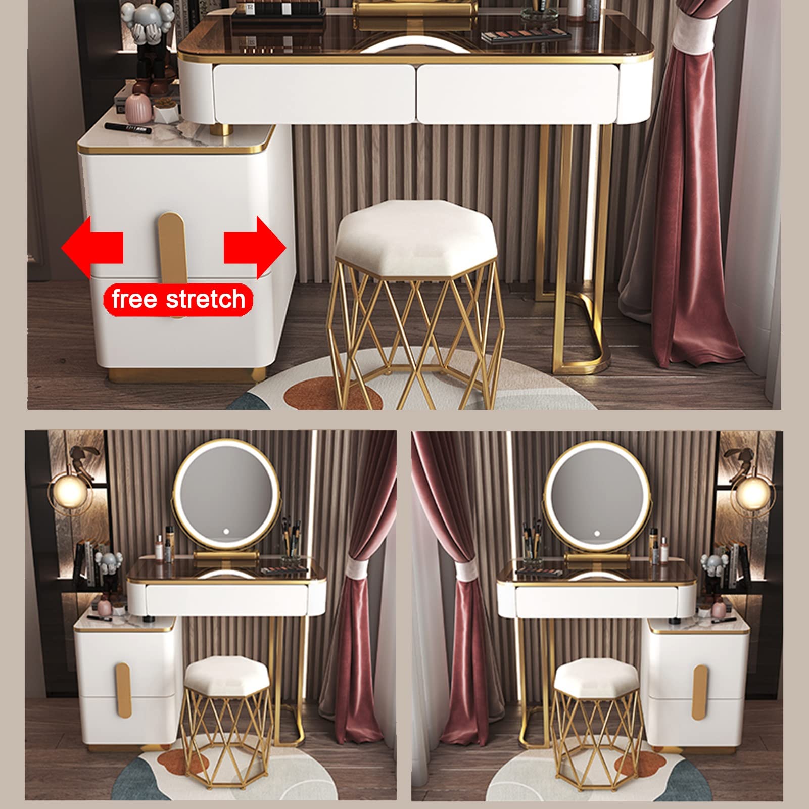 Make-up tafel make-up tafel kaptafel grote frameloze spiegel gewatteerde kruk set grote 2 lades voor slaapkamer meubels make-up sieraden opbergset zwart