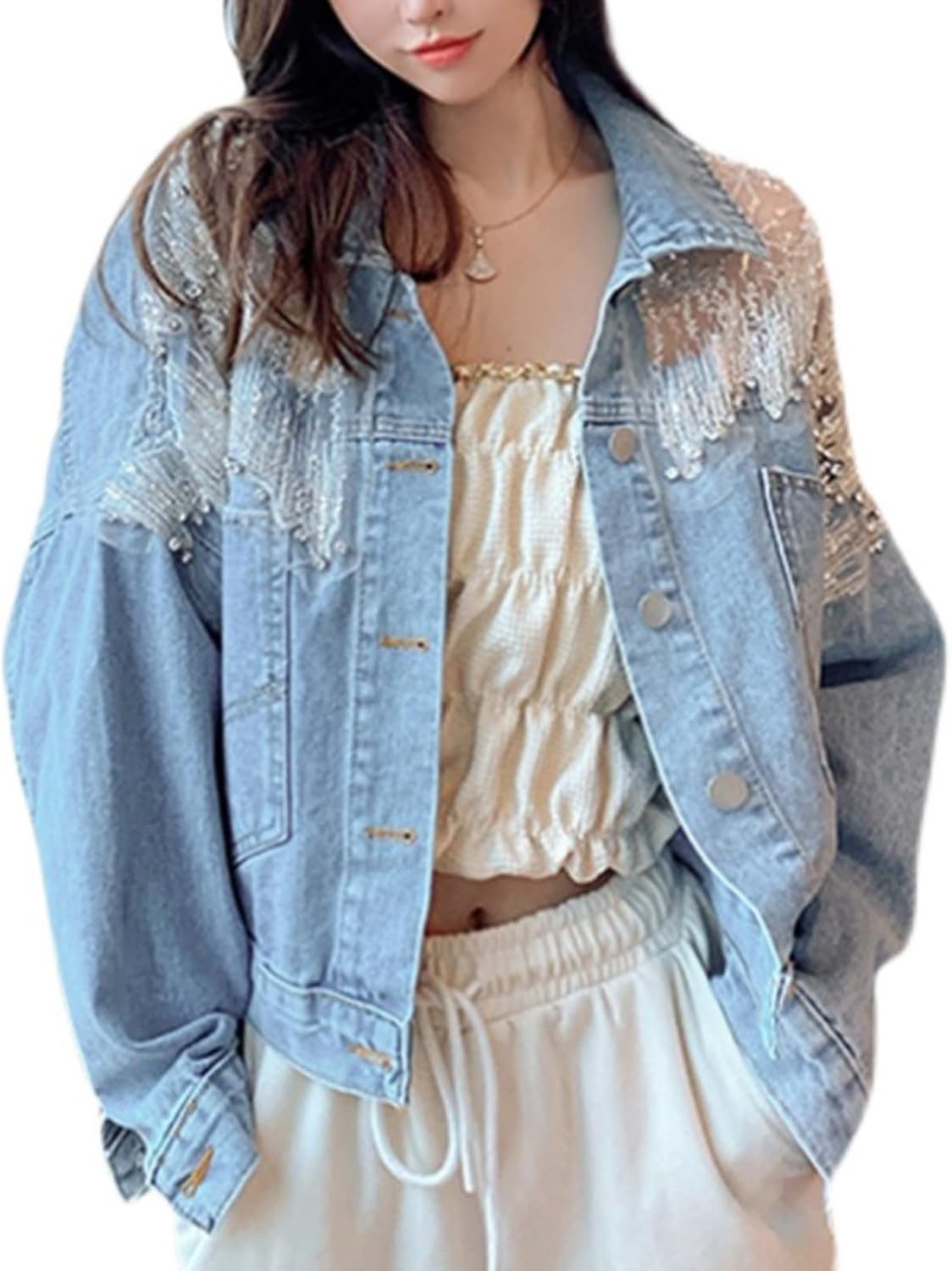 Women's Long Sleeve Lace Patchwork Denim Jacket with Glitter Sequin & Rhinestone, Button Down Jean Cropped Coat