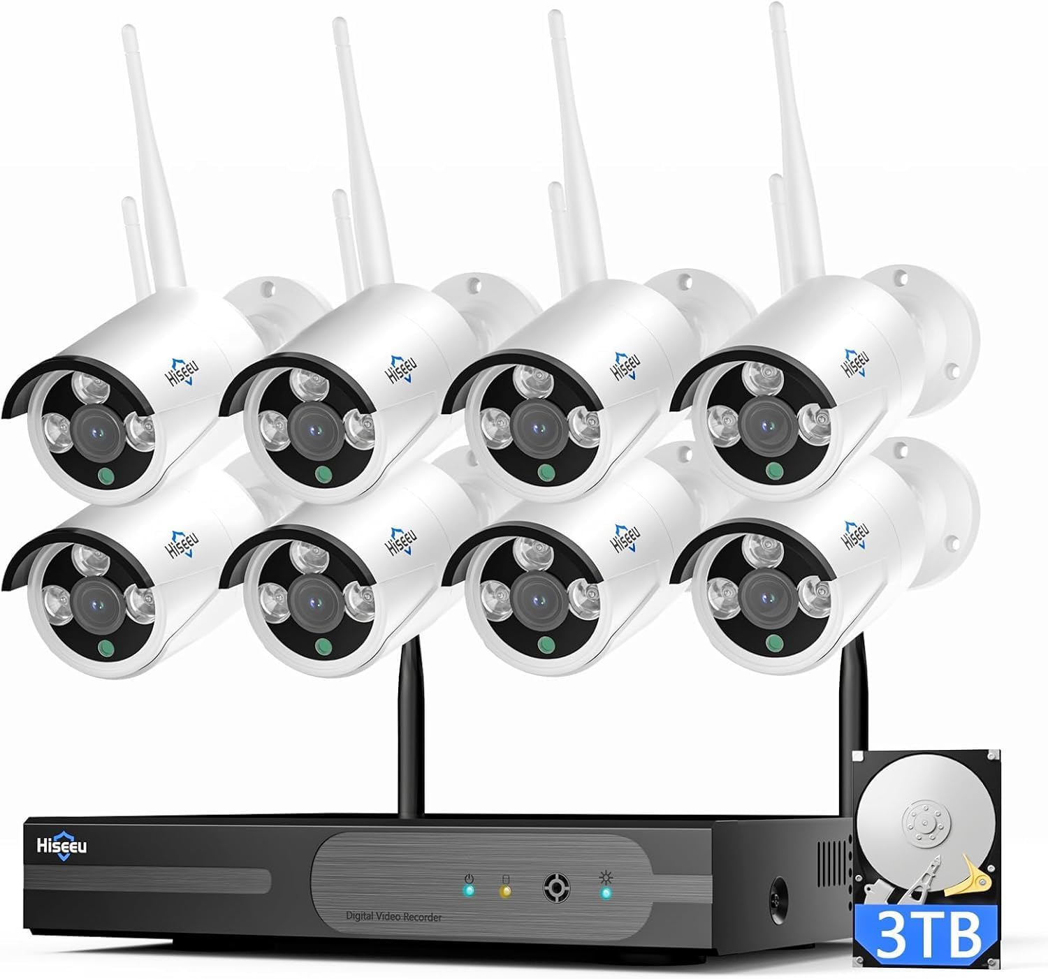Hiseeu 4K Home Security Camera System, 24/7 Recording, 16CH NVR Kit, Corded Powered 8Pcs 8MP Outdoor Wireless WiFi Cameras, Color Night Vision, Two-Way Audio, Motion Detection, 3TB HDD, 2.4G & 5GHz