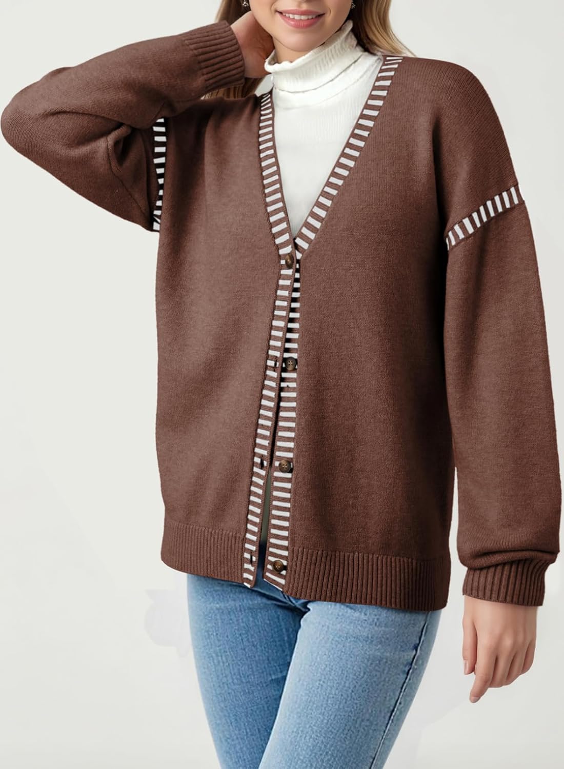 Dokotoo Womens Oversized Cardigan Sweaters Casual Coats Long Sleeve Button Front Stripes Trim Fall Outfits - Image 2