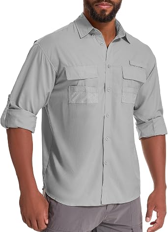 Mens Fishing Shirts Long Sleeve Sun Protection Safari Shirts UPF 50 UV Quick Dry Cooling Travel Work Shirts