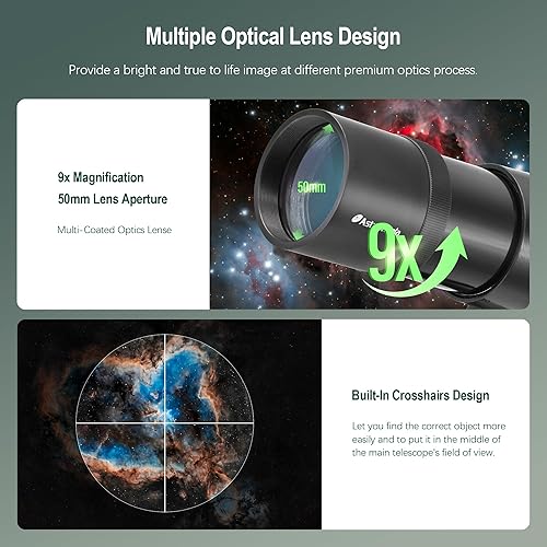 Miniatura 34 de Astromania Buscador de alcance 9x50, ángulo recto de imagen correcta, buscador de telescopio óptico, totalmente multicapa para telescopio