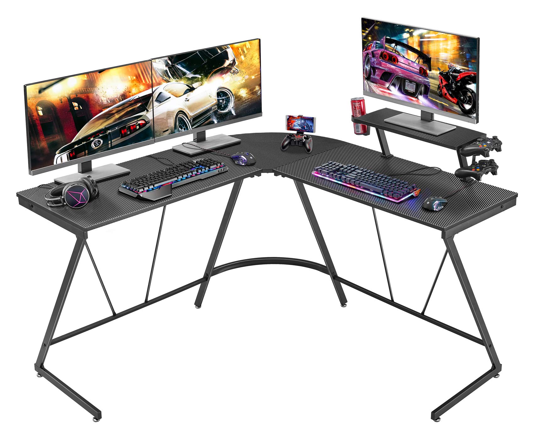 L Shaped Gaming Desk, Textured Carbon Fiber Computer Corner Game Desk