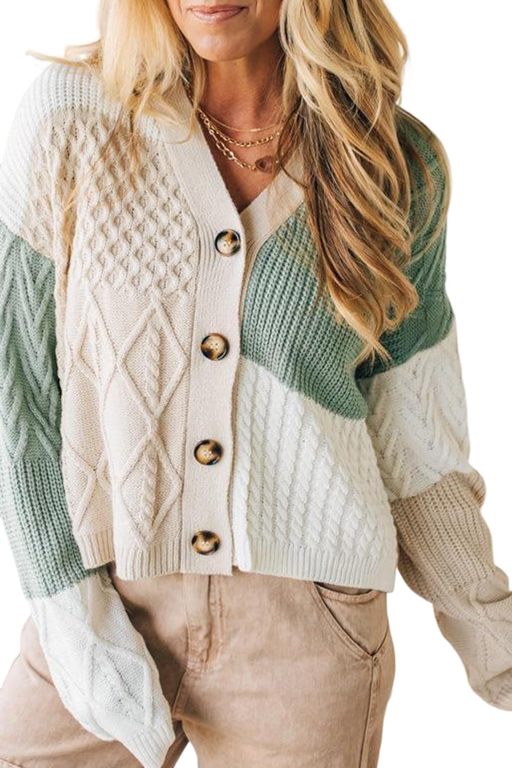 MARZXIN Womens Casual Sweater Parchment Mix Texture Knitted Color Block Button Down V Neck Sweater Cardigan