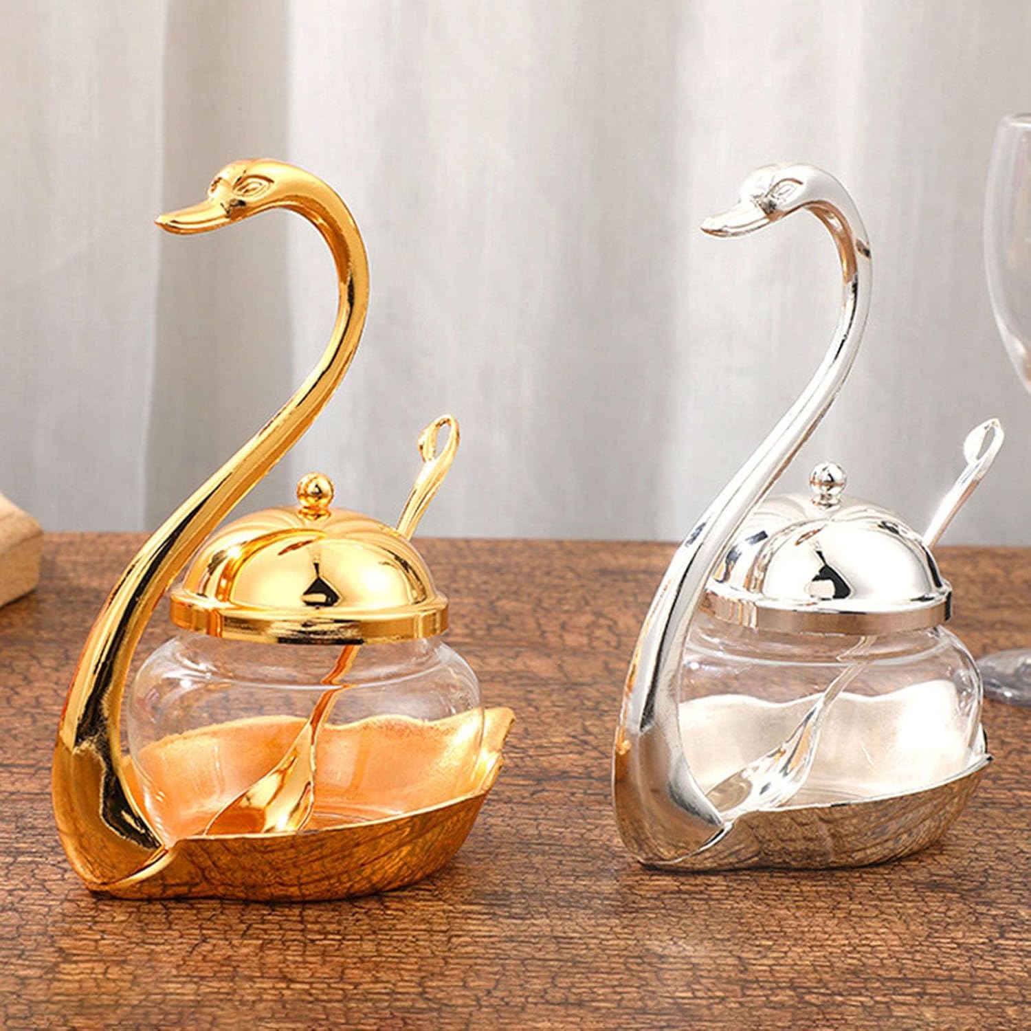Retro Sugar Bowl with lid, Swan Shape Sugar Container, Sugar Bowl with Lid and Spoon, Iron Carved Glass Spice Jar, Salt Bowl Accessories for Kitchen-Gold-Ceramic (Color : Gold, Size : Glass)