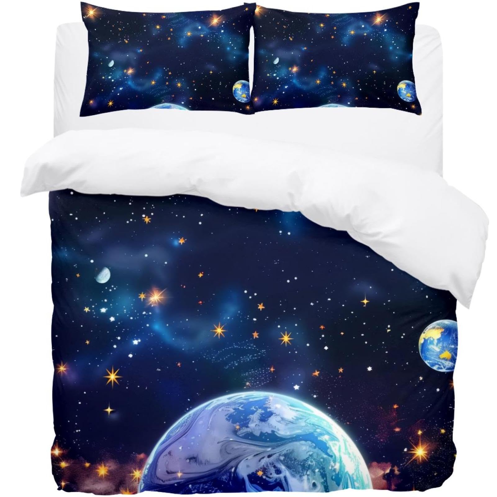 EslifeySpace Earth Galaxy Universe Pattern Bedding Queen Duvet Set - Soft Microfibre Duvet Cover with 2 Pillow Cases - Bedding Quilt Cover Set