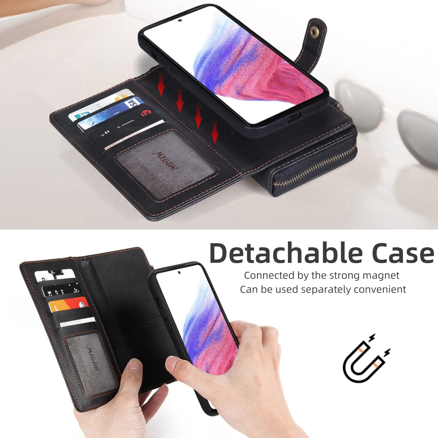 Compatible with Samsung Galaxy A53 5G 2022 Wallet Case Crossbody Shoulder Strap Card Holder Stand Multi-Function 2in 1 Detachable Magnetic Phone Cover for Gaxaly A53 G5 Galaxies 53A SM A536U Men Black