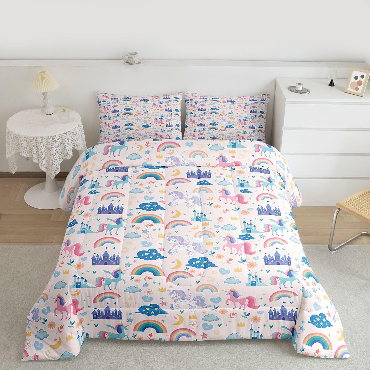 Unicorn Bedding Set Queen Size Kawaii Rainbow Castle Moon Comforter Boys Girls Bedroom Decor Dreamy Princess Fantasy Comforter Set Pink Purle 3Pcs Quilt Set,2 Pillowcase