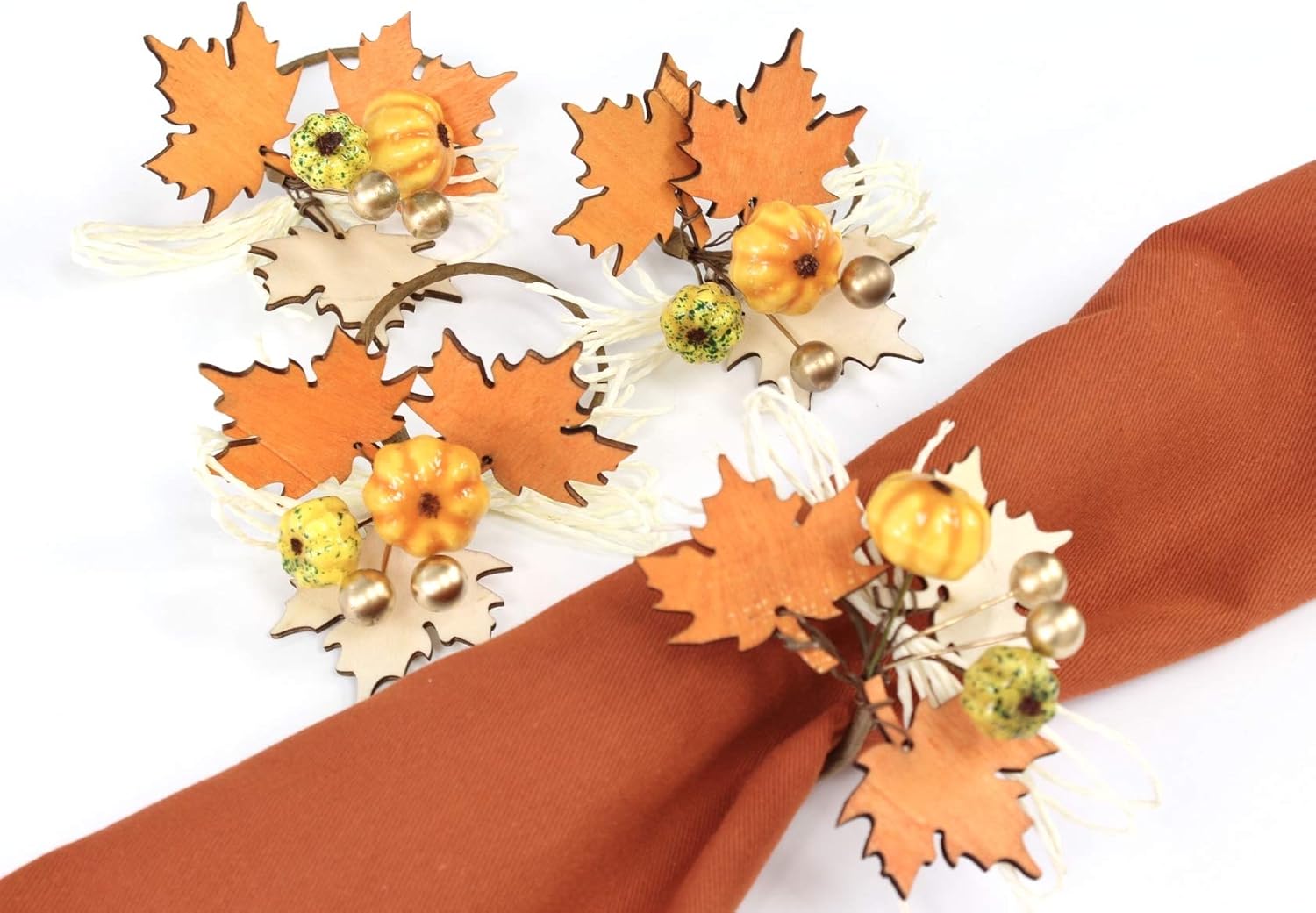 Angel Isabella Fall Themed Napkin Rings - Harvest Maple Wood & Pumpkin Cloth Napkin Holder for Table Setting - Fall Banquet, Thanksgiving, Christmas or Wedding Table Decor (8pc, Harvest Wood)