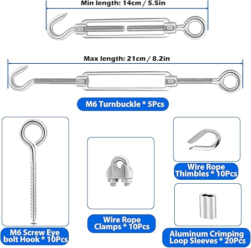 Miniatura 27 de TooTaci Kit de tensor de alambre tensor, cable de acero inoxidable recubierto de vinilo de 100 pies 1/16 con tensores M5 para cables, cuerda