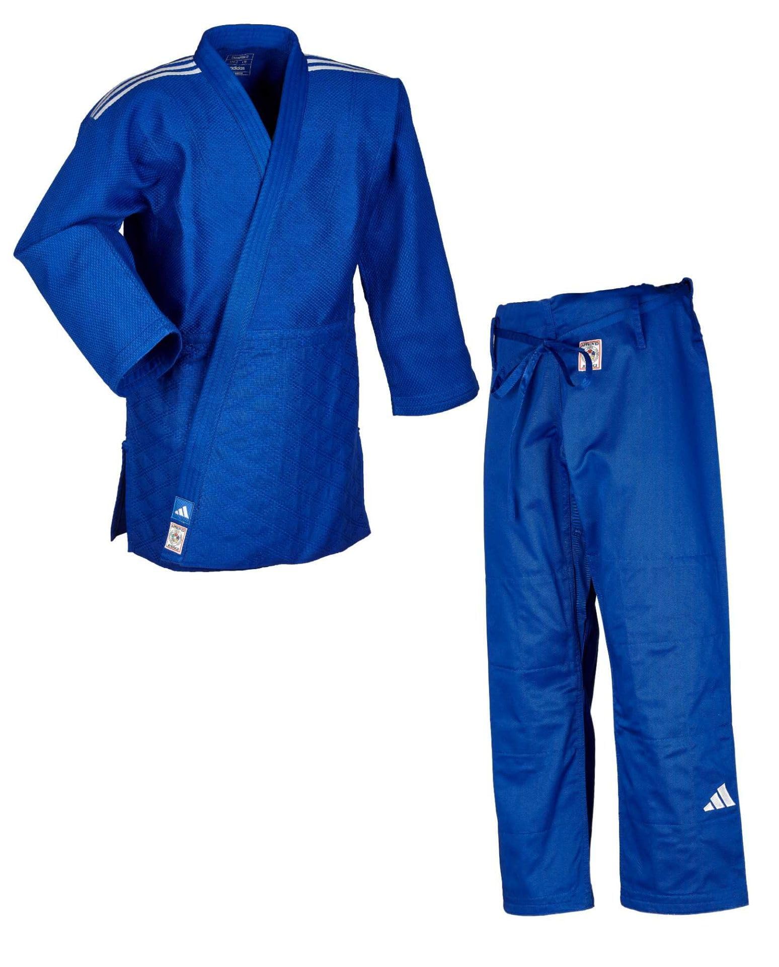 adidas Judoanzug J700 Champion III IJF 3 | Wettkampf Judo-Gi für Fortgeschrittene | IJF Red Label + Green Label | Stoffgewicht 700g/qm | Körpergröße 140-210 cm | Weiß + Blau | Slim-Fit + Regular