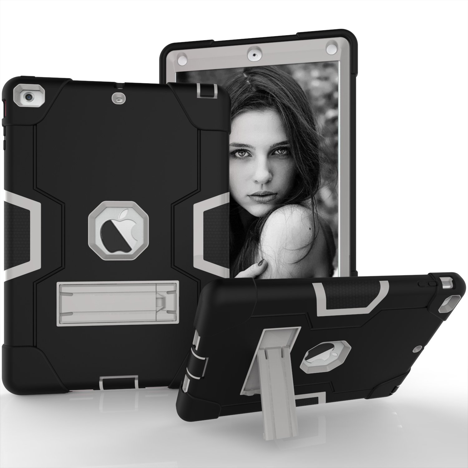 iPad Air Case, Yoomer Three Layer Silicone+Hard PC Bumper Armor Defender Heavy Duty Shock-Absorption Rugged Hybrid Protective with Built in Kickstand Case for iPad Air (iPad 5) 9.7" 2013 Old Model