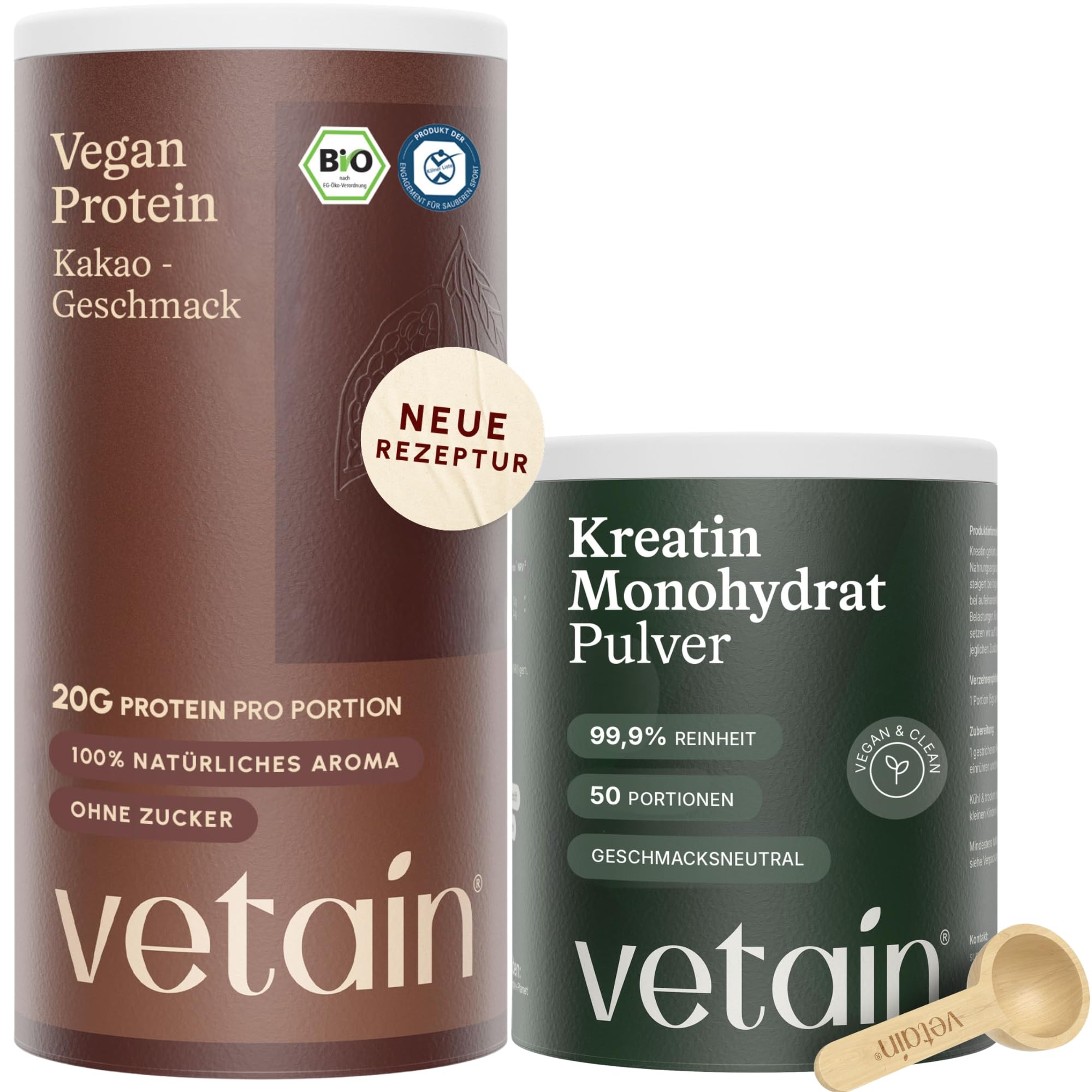VETAIN Vegan Protein Kakao (540g) + Creatin Monohydrat (250g) – Bio Protein Pulver – 4 Proteinquellen fermentiert Erbsen – Ohne Sucralose – produziert & laborgeprüft in Deutschland - NEUE REZEPTUR