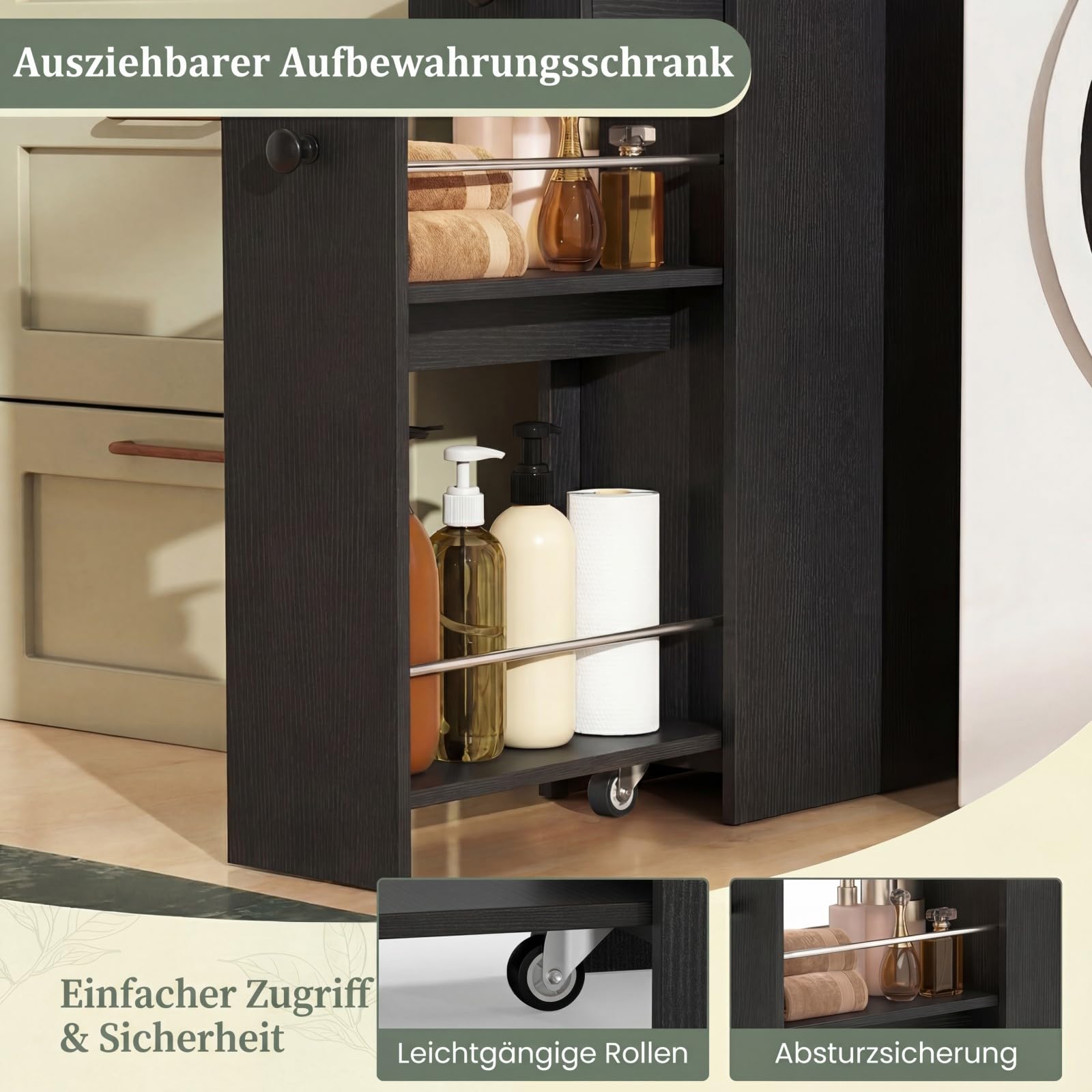 GIANTEX Badschrank 40x18x70 cm, schmaler Badezimmerschrank mit Universalrollen, Nischenschrank mit 2 Schubladen, Nischenwagen Rollschrank Holz, Aufbewahrungsschrank für Bad, Küche (Schwarz)