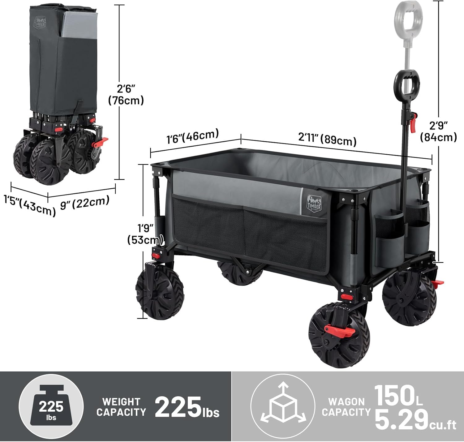 Detailed diagram illustrating the dimensions and weight capacity of the Timber Ridge Collapsible Wagon.