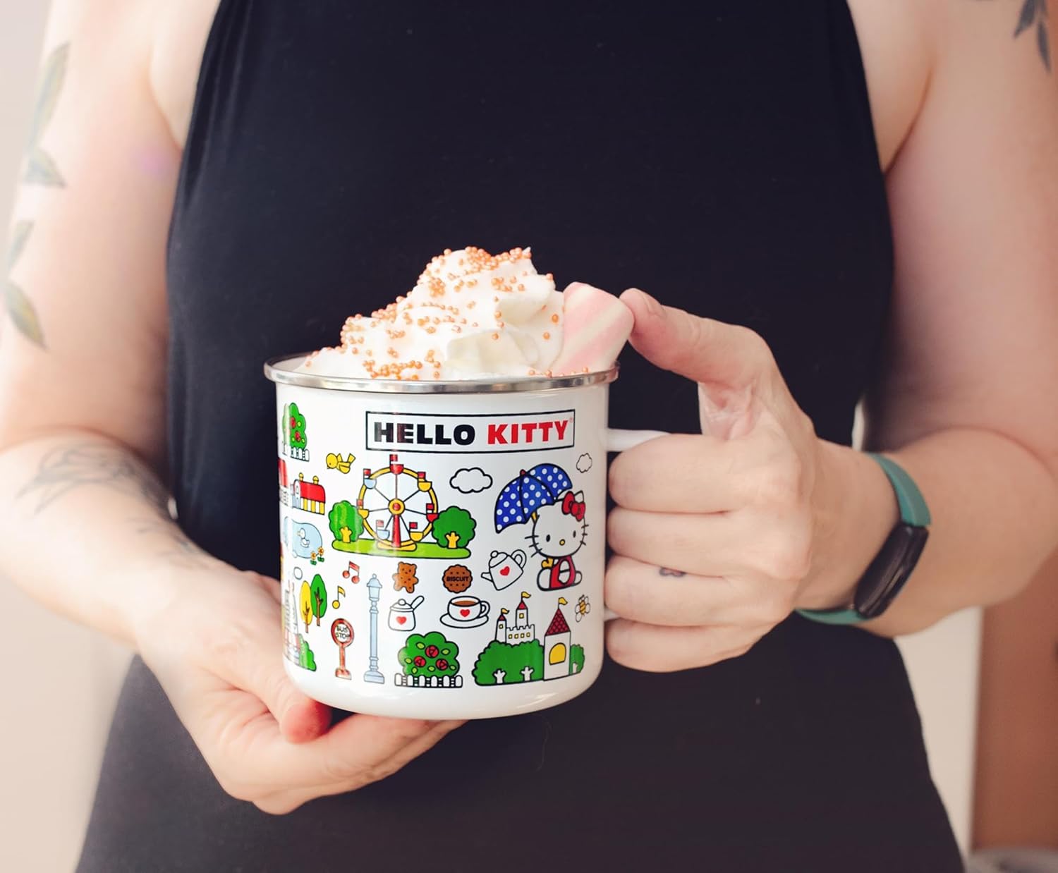 Silver Buffalo Sanrio Hello Kitty Destination Town Enamel Camper Mug | Large Coffee Cup For Tea, Espresso, Cocoa | Holds 21 Ounces