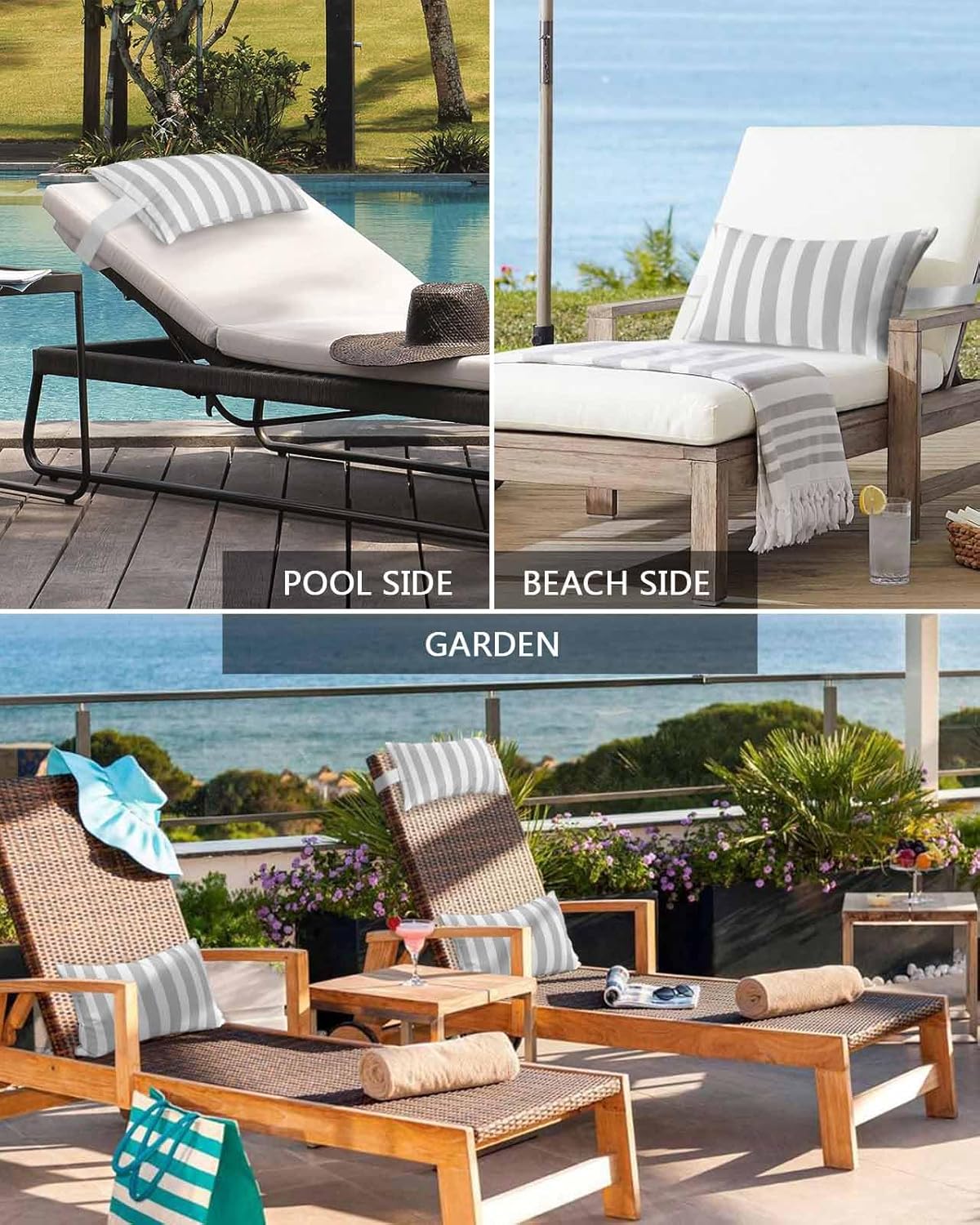 2 Packs Grey Striped Outdoor Chaise Longue Throw Pillow Covers Waterproof with Elastic Band,Beach Pool Pillowcase Cushion Sham With Hidden Zipper White Geometric Vertical Stripes Casual Boho 12x20