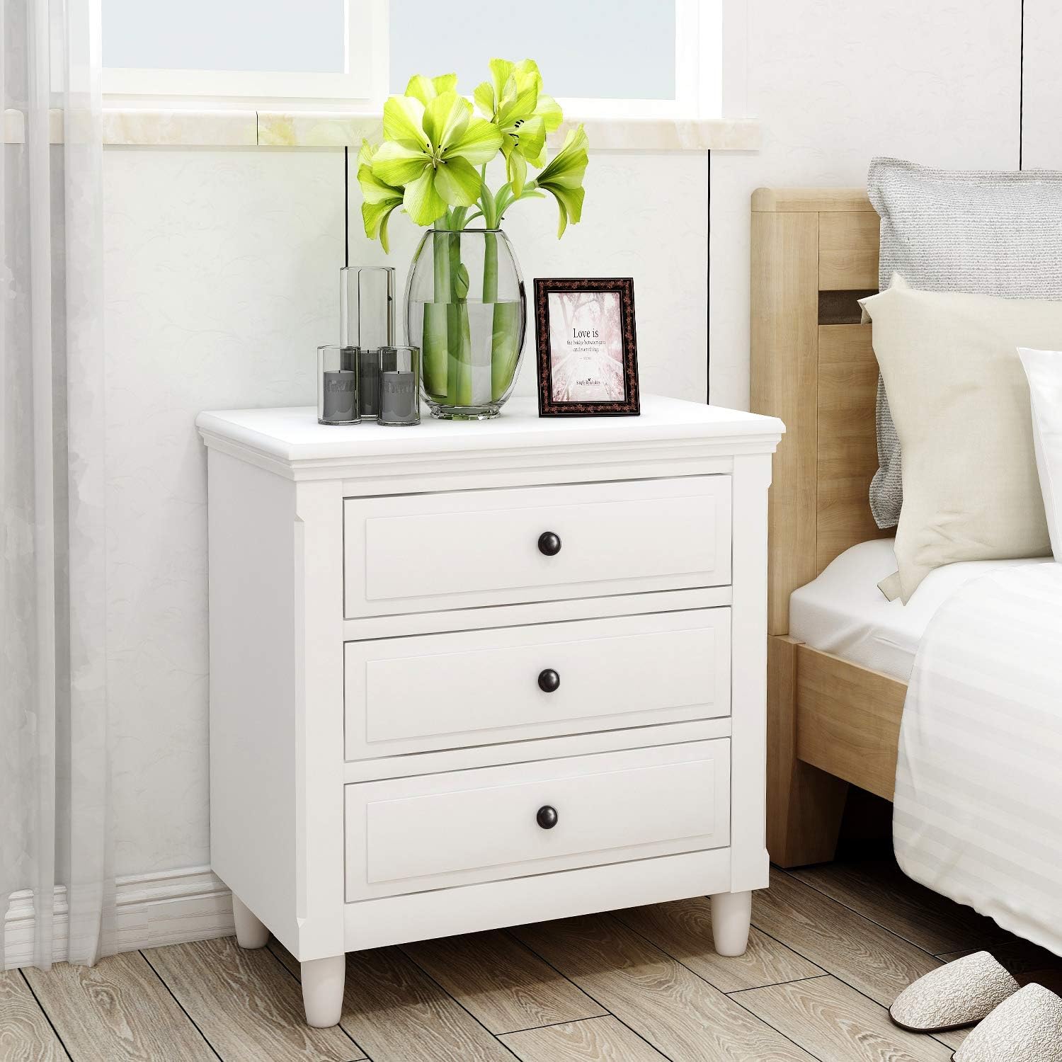 3-Drawer Nightstand Storage Wood Cabinet Bedroom Side Organizer with Solid Wood Legs End Side Table, ORWF193010AAK-733-1927246341, 28.1 H x 27.9 W x 16.9 D, White