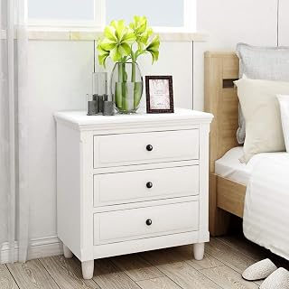 Pannow 3-Drawer Nightstand, Wood Bedside Storage Table Cabinet with Solid Pine Wood Frame, Fully Assembled for Home Furniture, Bedroom Living Room Accessories, White