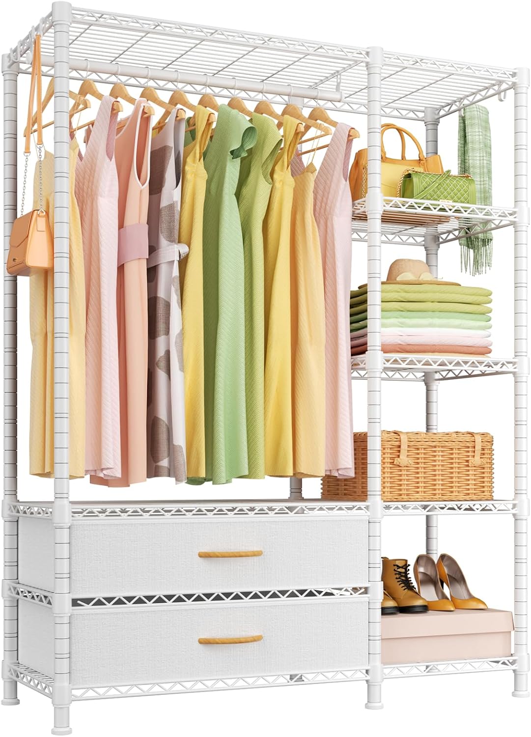 Ulif F3 Heavy Duty Clothes Rack?With Fabric Drawers?Freestanding Clothing Racks for Hanging Clothes?Adjustable Closet Organizer System?Portable Garment Rack 40" W x 15" D x 72" H?Max Load 700LBS?White White Freestanding