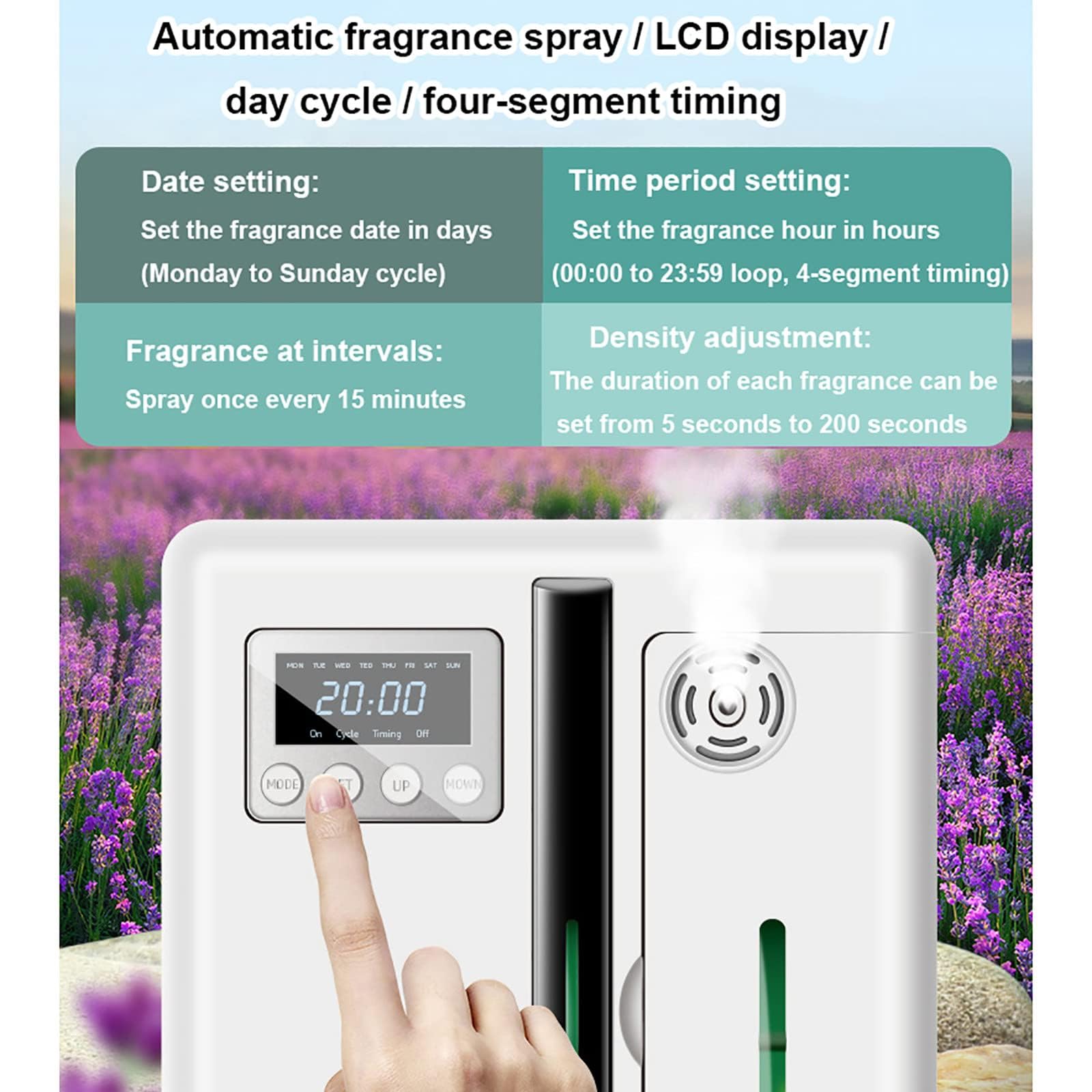Bezwodny dyfuzor olejków eterycznych, elektryczny dyfuzor zapachowy 160 ml, 8 W, z 4-segmentowym wyświetlaczem czasowym/LCD, dyfuzor 300 m³ do KTV, baru, holu hotelowego