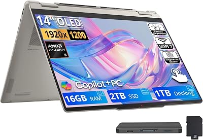 Lenovo Yoga 7a 2-in-1 Laptop, 14" WUXGA OLED Touchscreen, Ryzen AI 5 430, 16GB RAM, 3TB Storage (2TB SSD+1TB Docking Station), AMD Radeon 840M, Backlit Keyboard, Fingerprint, Win 11, Seashell