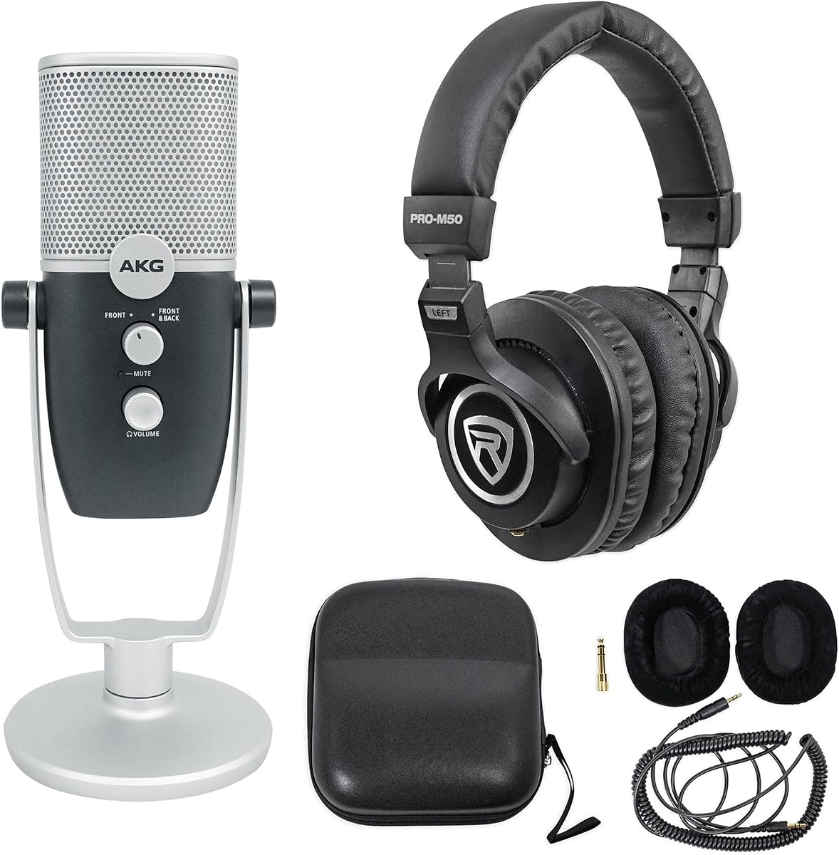 Paquete: (1) micrófono condensador de modo dual AKG ARA C22-USB+soporte 4 paquete de grabación con (1) auriculares de estudio Rockville PRO-M50 con cable de bobina desmontable, estuche+almohadilla adicional para los oídos (artículos 2)