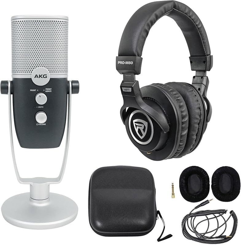 Paquete: (1) micrófono condensador de modo dual AKG ARA C22-USB+soporte 4 paquete de grabación con (1) auriculares de estudio Rockville PRO-M50 con cable de bobina desmontable, estuche+almohadilla adicional para los oídos (artículos 2)