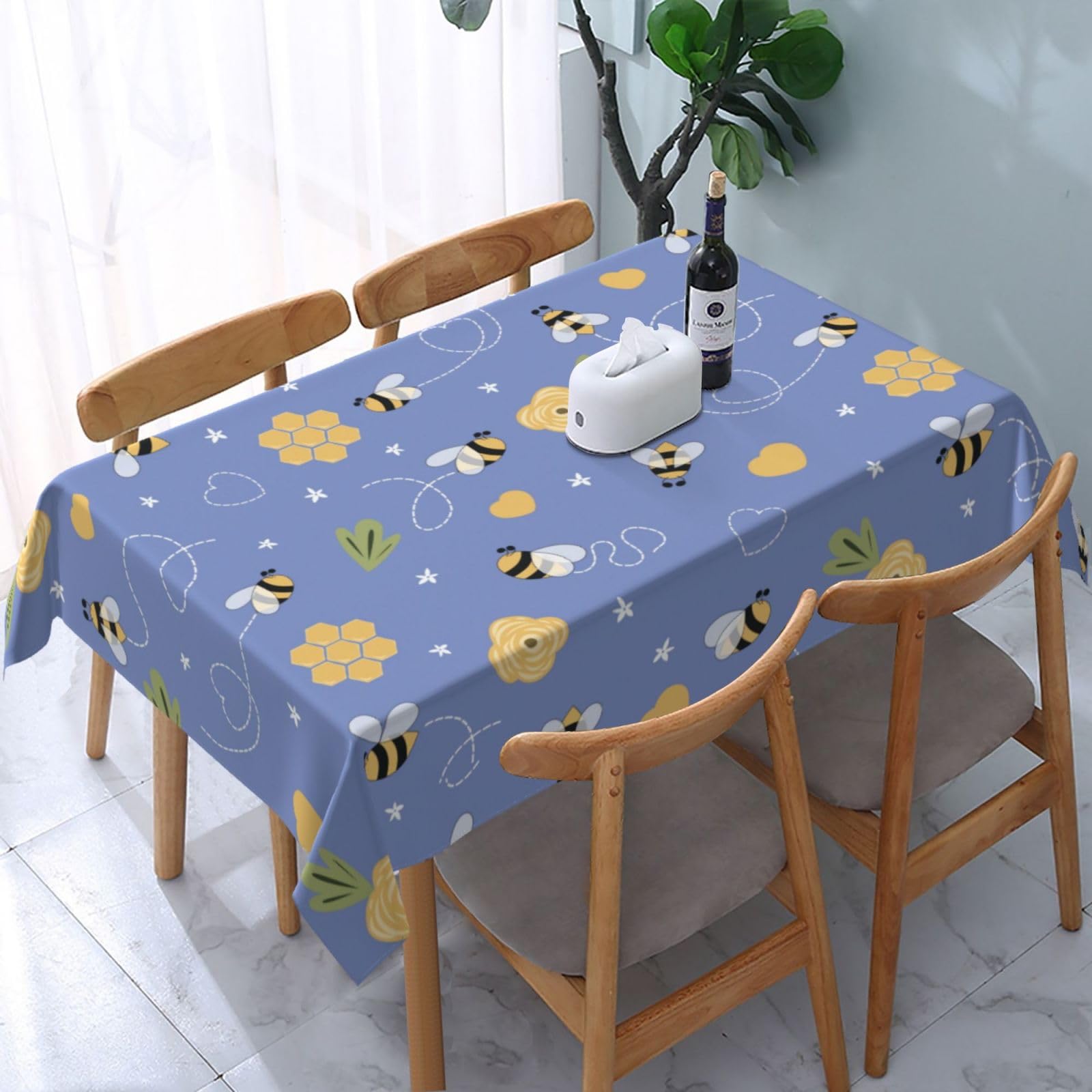 JunHeArt Cartoon Bee And Flower Pattern Tablecloth Rectangle Table Cover Washable Table Cloths Decor For Kitchen 54" X 72"