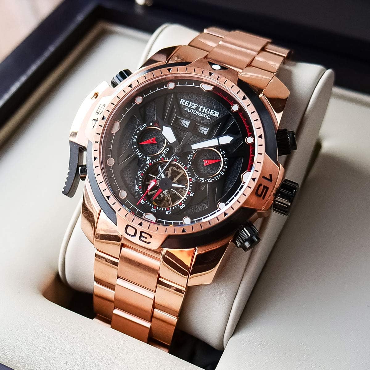 REEF TIGER Sport Men Watch Complicated Dial with Year Month Calendar Rose Gold Black Dial Bracelet Watches RGA3532
