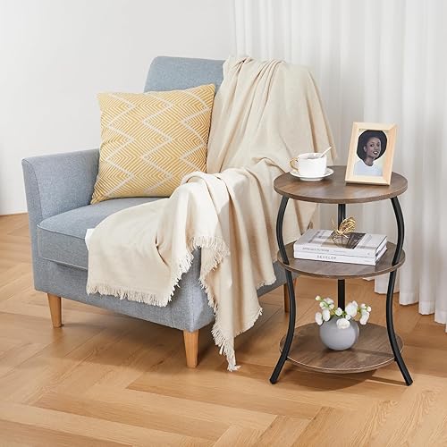 Miniatura 7 de Mesa auxiliar redonda, mesa auxiliar de cintura de 3 niveles con estante de almacenamiento, mesas auxiliares para sala de estar, mesa redonda de