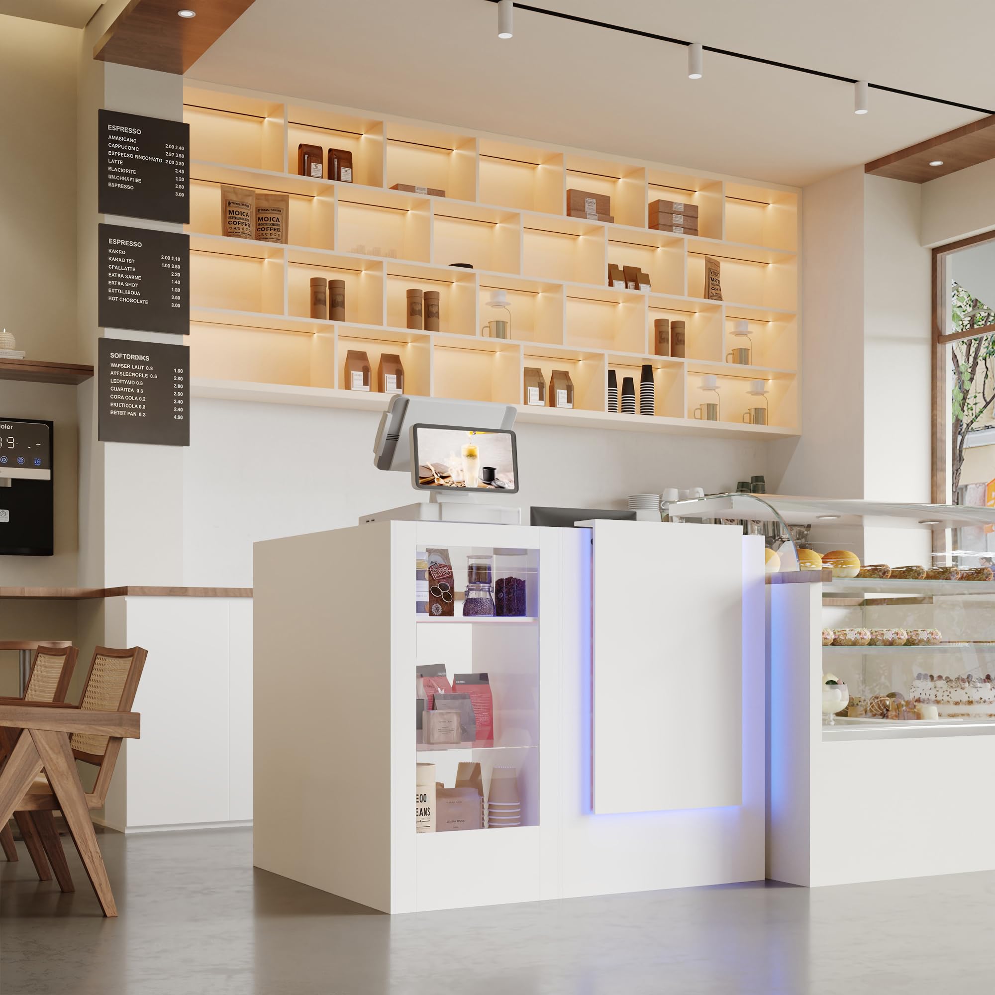 Caldion Moderno mostrador de recepción con iluminación LED, con cajón de tatuaje, mostrador de recepción de cristal templado, mesa de recepción en forma de L, color blanco, 120 x 100 x 103 cm