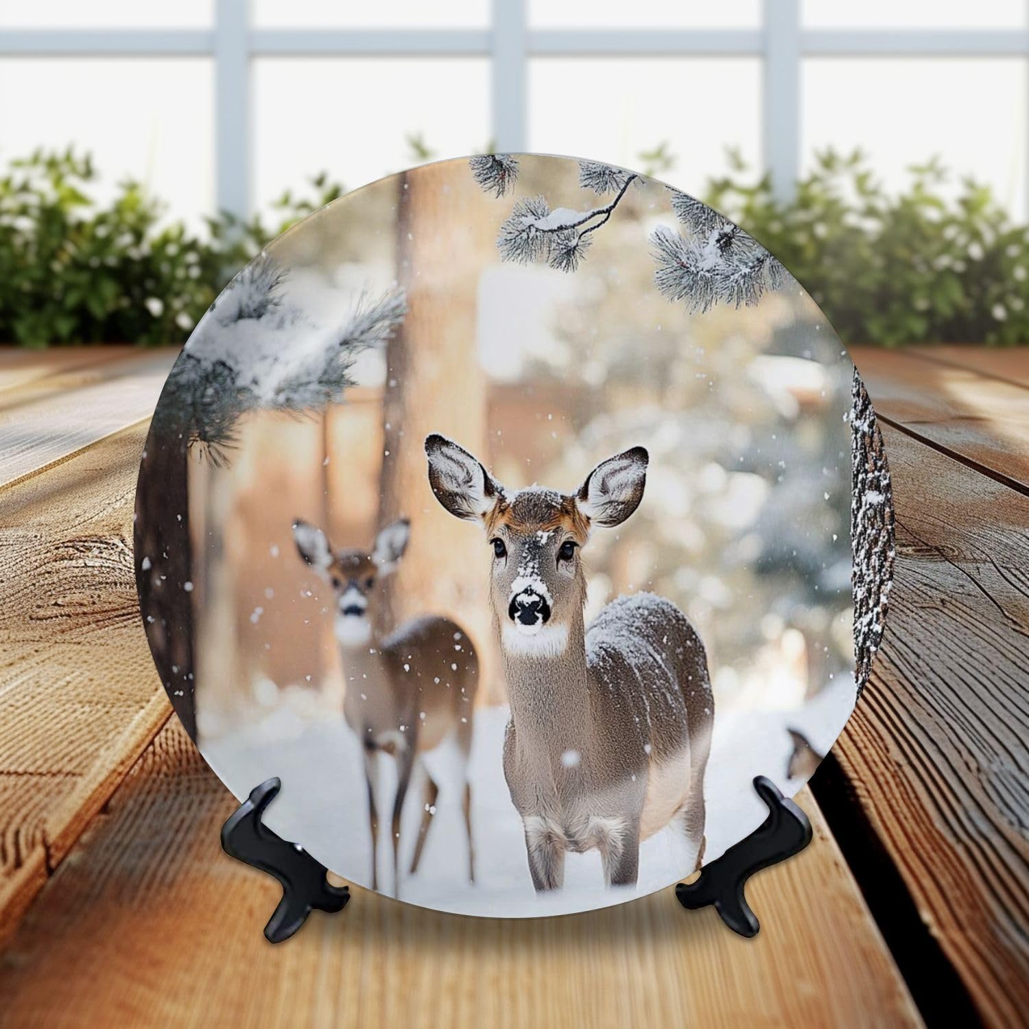 DISAOODANK Decorative Plates Winter Deer Snow Wall Decor Ceramic Ornament with Display Stand and Hook Up for Festival, Parties, Wedding 10