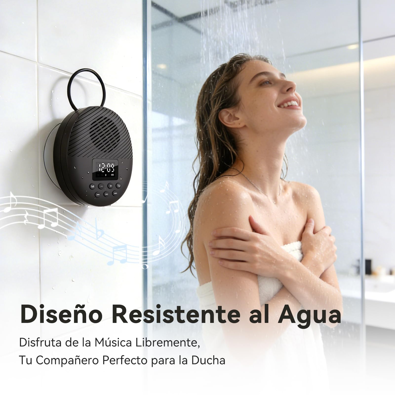 AGPTEK Altavoz Ducha Bluetooth 5.4, Inalámbrica Portátil Impermeable para Baño Ventosa, Radio FM Pantalla LCD, Reproducción 12H, Llamadas Manos Libres, Reproducción Tarjeta de Memoria Baño Piscina