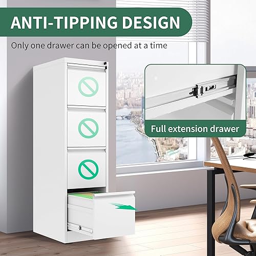 Miniatura 4 de Archivador de 4 cajones, archivadores verticales de metal con cerradura para oficina en casa, archivador de acero de oficina resistente para colgar